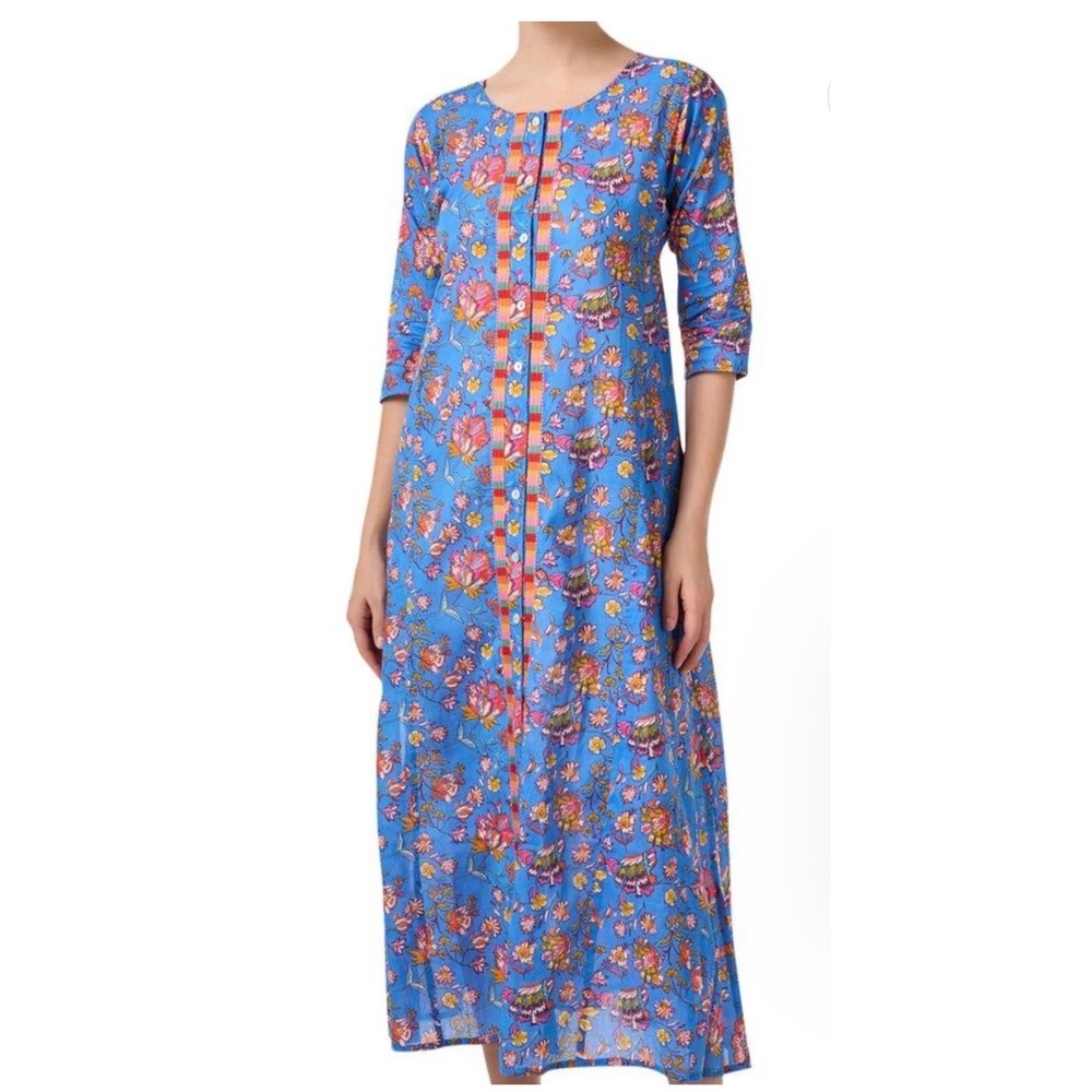 RO'S GARDEN Embroidered Blair Long Kurta Maxi Dress Blue XS NEW Floral‎ Cotton